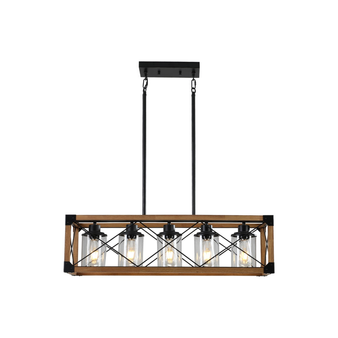 32in Walnut Industrial Farmhouse Rectangle Pendant Light, 5-Light Chandelier With Lampshades For Dining Room, Kitchen Island, Cafe Decor No Bulbs