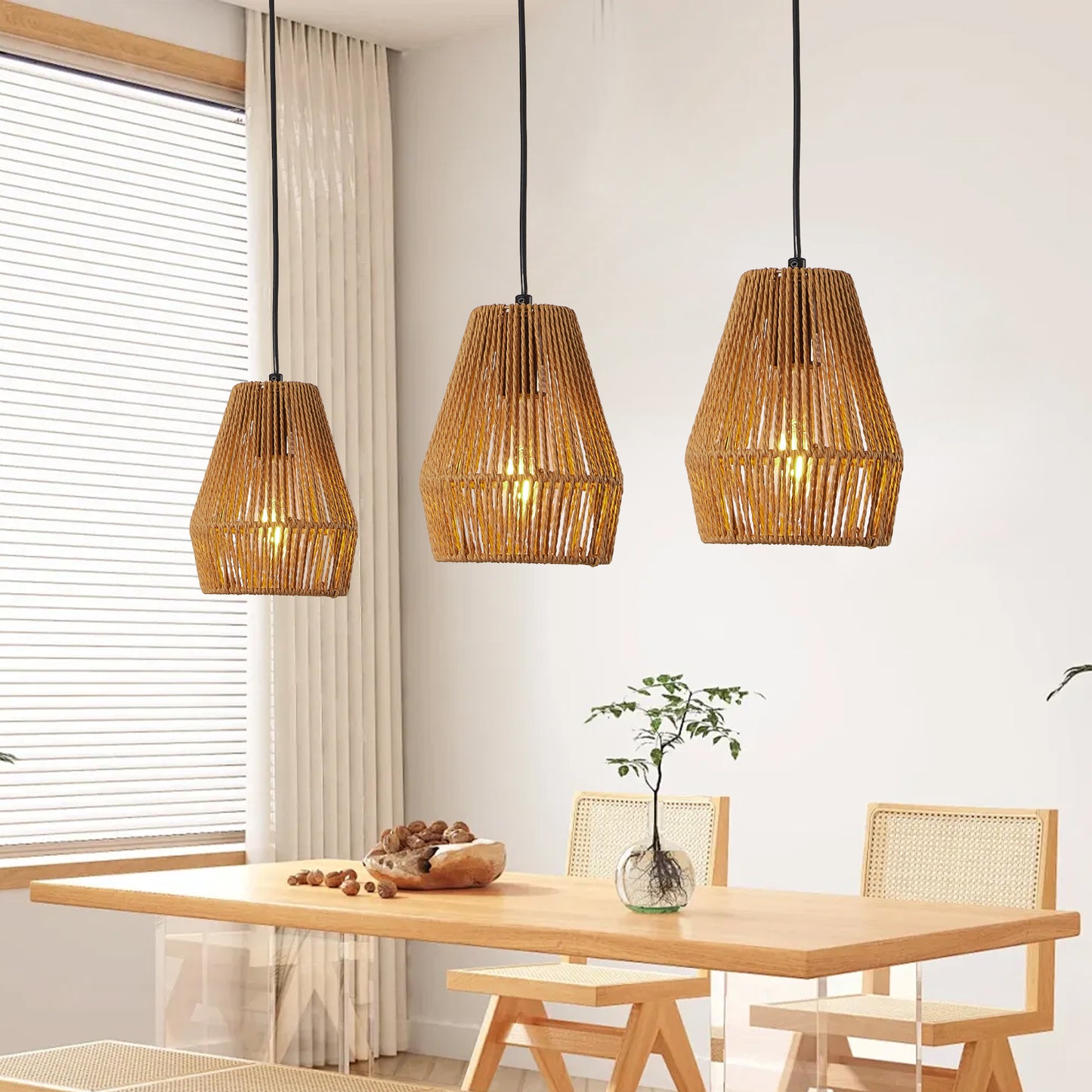 7inch Set Of 3 Rustic Hemp Rope Pendant Light, Handcrafted Farmhouse Hanging Light Fixture, Adjustable Height Ceiling Lamp For Kitchen Island, Dining Room,Or Living Room, Natural Woven Design No Bulbs