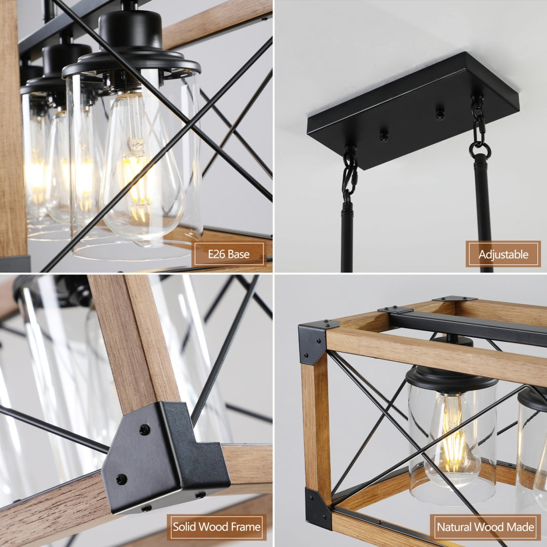 32in Walnut Industrial Farmhouse Rectangle Pendant Light, 5-Light Chandelier With Lampshades For Dining Room, Kitchen Island, Cafe Decor  No Bulbs