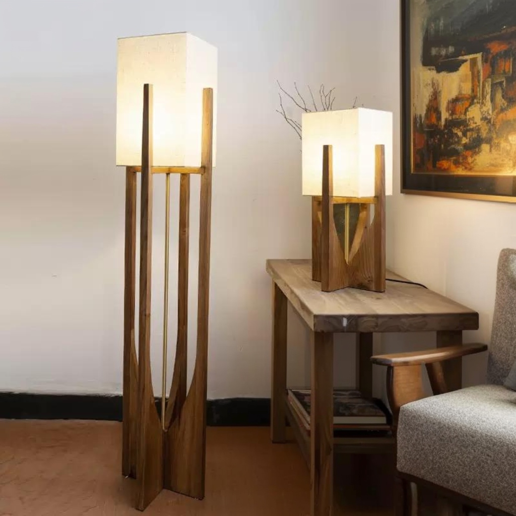 Minimalist Japanese Zen Floor Lamp, Solid Wood Standing Lamp with Soft Fabric Shade