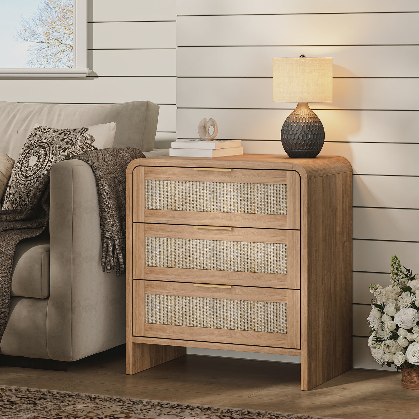 Rattan Nightstand With 3 Drawers, 22.8  Wide Curved Wooden Bedside Table, Modern Storage For Bedroom, Caramel Oak.