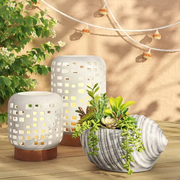 7.17"x6.26" Pillar Ceramic Lantern Candle Holder White