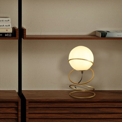 13.5 H Glass Globe Matte Gold Spiral 4 Ring Metal Stand Table Lamp For Living Room, Nightstand Bedside Table Lamp For Bedroom, LED Lamp