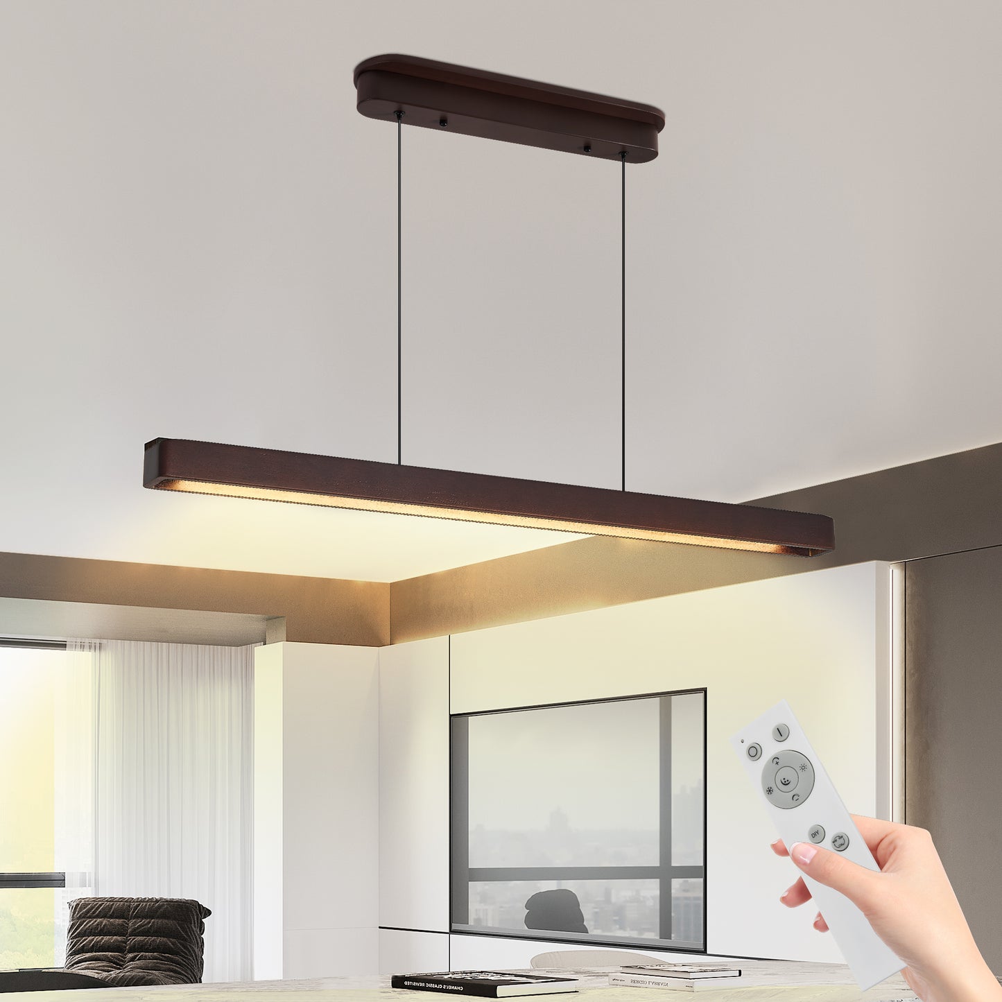 39-inch Walnut Wood Modern LED Pendant Light, Adjustable Hanging Light For Dining Room, Kitchen, Living Room  Sleek Walnut Color Finish