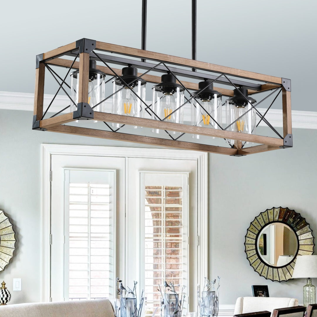 32in Walnut Industrial Farmhouse Rectangle Pendant Light, 5-Light Chandelier With Lampshades For Dining Room, Kitchen Island, Cafe Decor  No Bulbs
