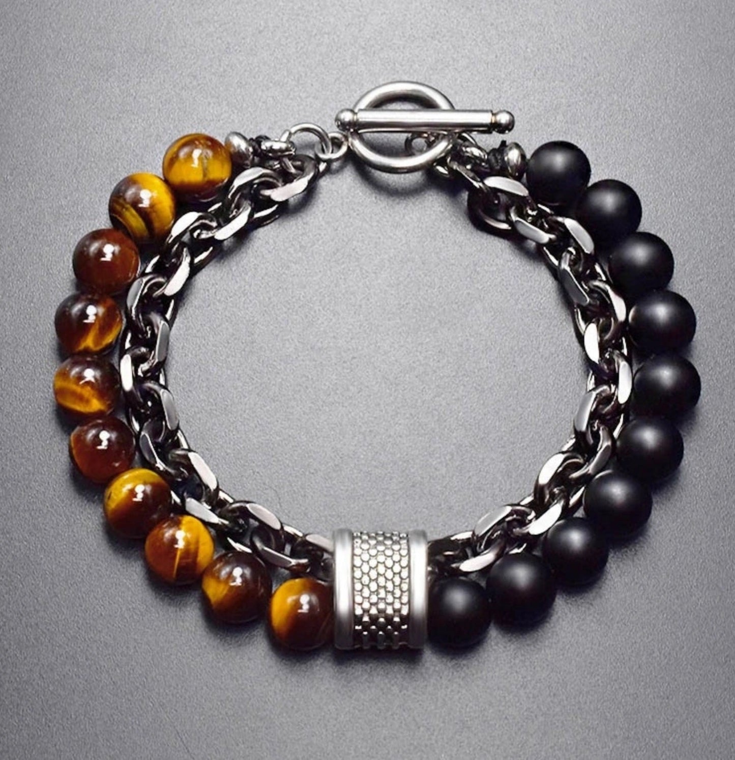 Men's Chain and Bead Bracelet - Natural Stone Stainless Steel 8 inch