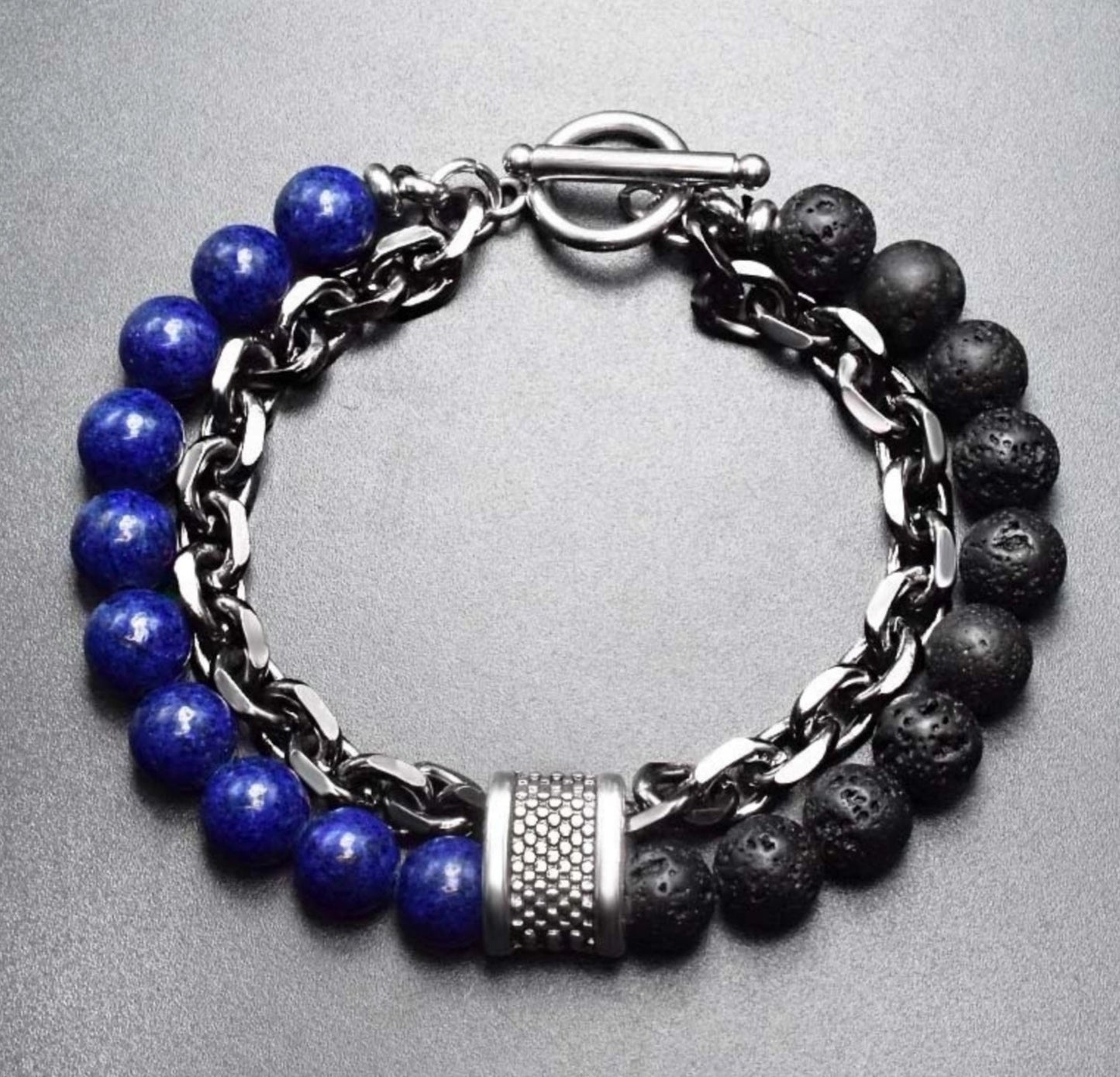 Men's Chain and Bead Bracelet - Natural Stone Stainless Steel 8 inch