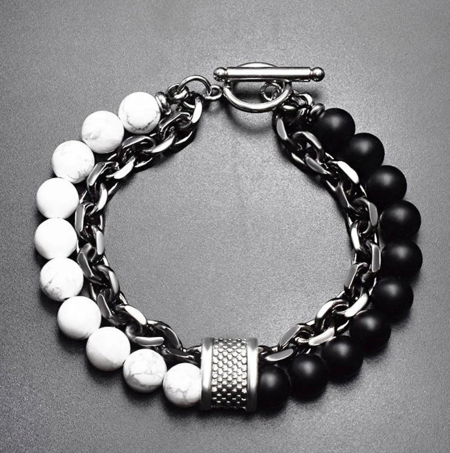 Men's Chain and Bead Bracelet - Natural Stone Stainless Steel 8 inch