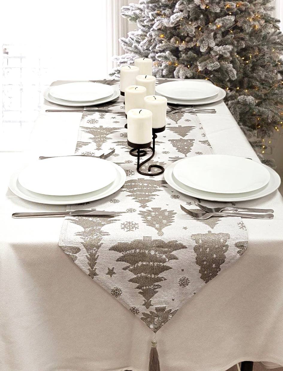 Silver Pine Trees Christmas Table Runner - Festive Holiday Decor