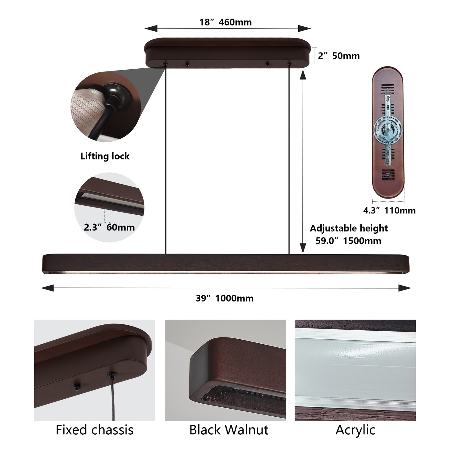 39-inch Walnut Wood Modern LED Pendant Light, Adjustable Hanging Light For Dining Room, Kitchen, Living Room  Sleek Walnut Color Finish