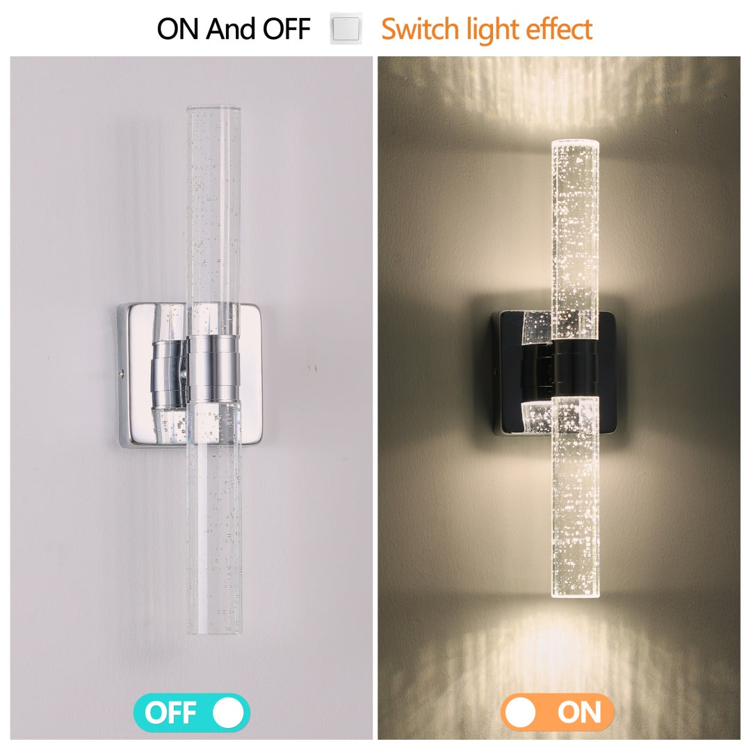 17in  H Contemporary Crystal Wall Light, Chrome Finish With Bubble Crystal, 2-Light Sconce For Bathroom, Bedroom, Hallway - Modern Indoor Lighting Fixture