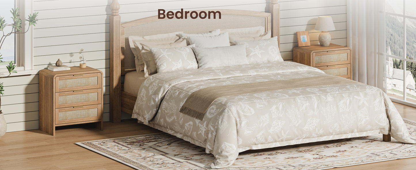 Rattan Nightstand With 3 Drawers, 22.8  Wide Curved Wooden Bedside Table, Modern Storage For Bedroom, Caramel Oak.