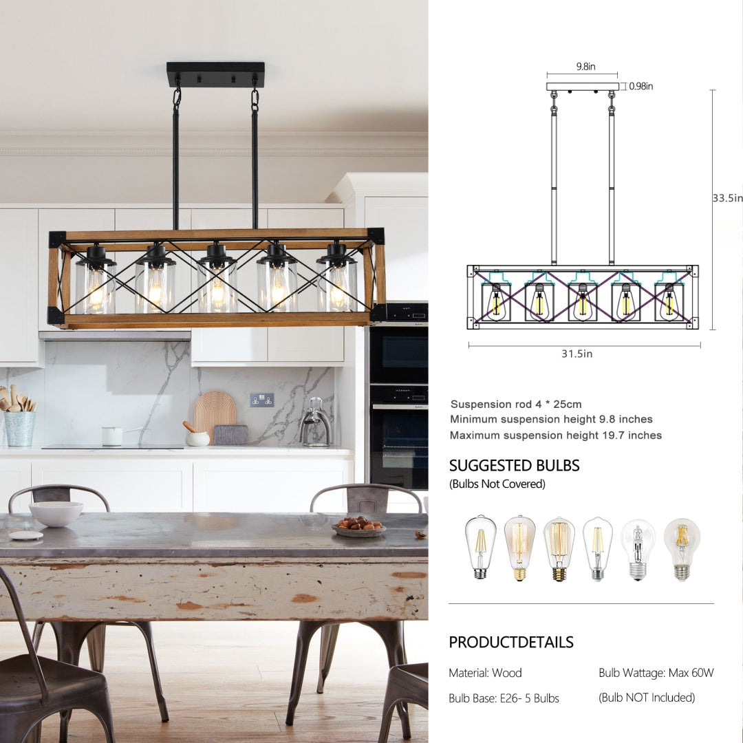 32in Walnut Industrial Farmhouse Rectangle Pendant Light, 5-Light Chandelier With Lampshades For Dining Room, Kitchen Island, Cafe Decor  No Bulbs