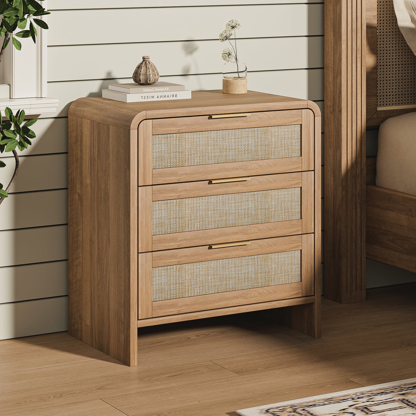 Rattan Nightstand With 3 Drawers, 22.8  Wide Curved Wooden Bedside Table, Modern Storage For Bedroom, Caramel Oak.