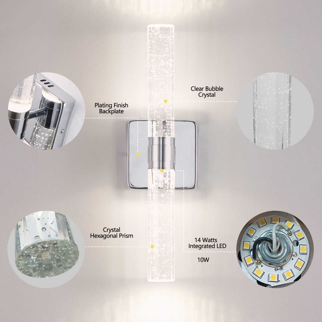 17in  H Contemporary Crystal Wall Light, Chrome Finish With Bubble Crystal, 2-Light Sconce For Bathroom, Bedroom, Hallway - Modern Indoor Lighting Fixture