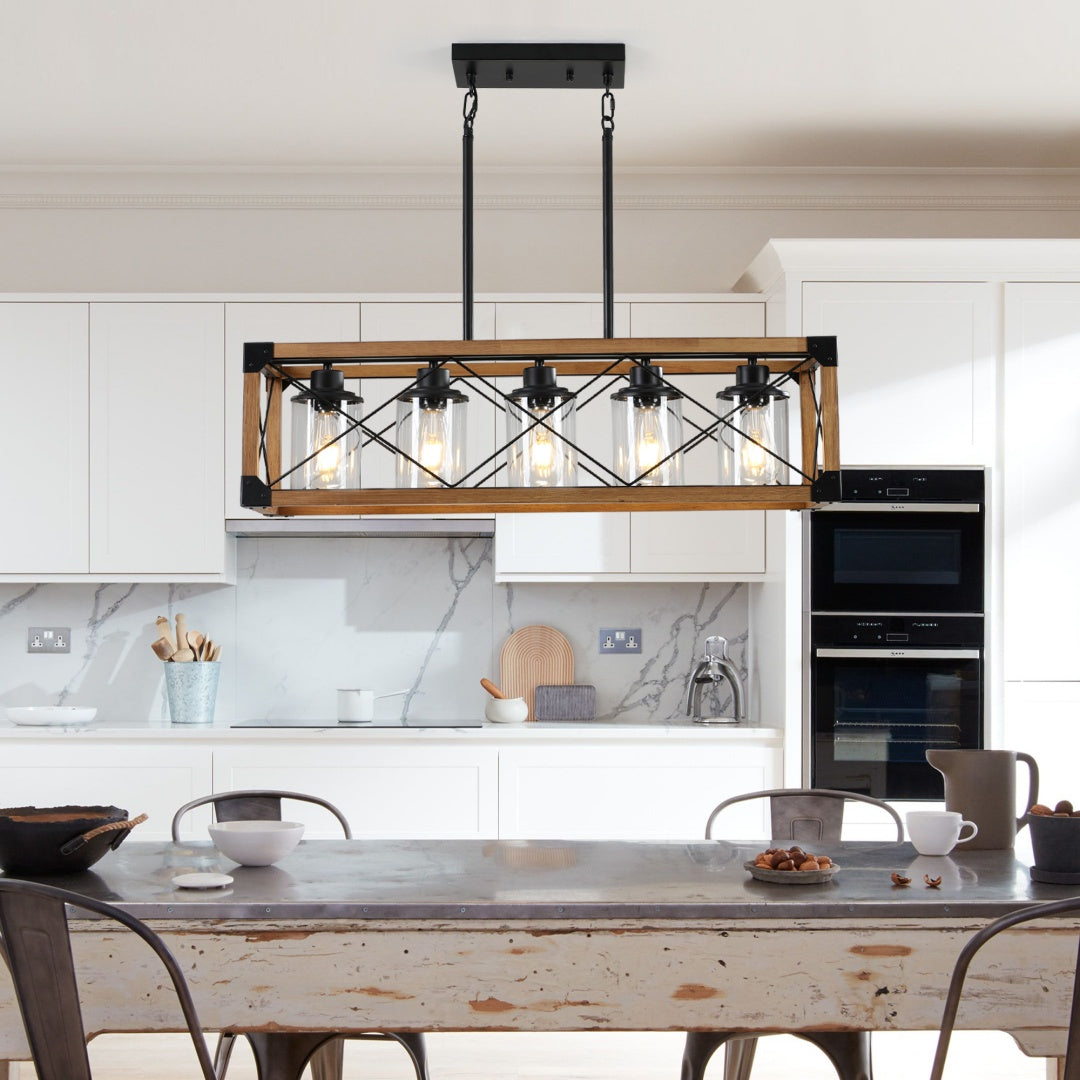 32in Walnut Industrial Farmhouse Rectangle Pendant Light, 5-Light Chandelier With Lampshades For Dining Room, Kitchen Island, Cafe Decor  No Bulbs