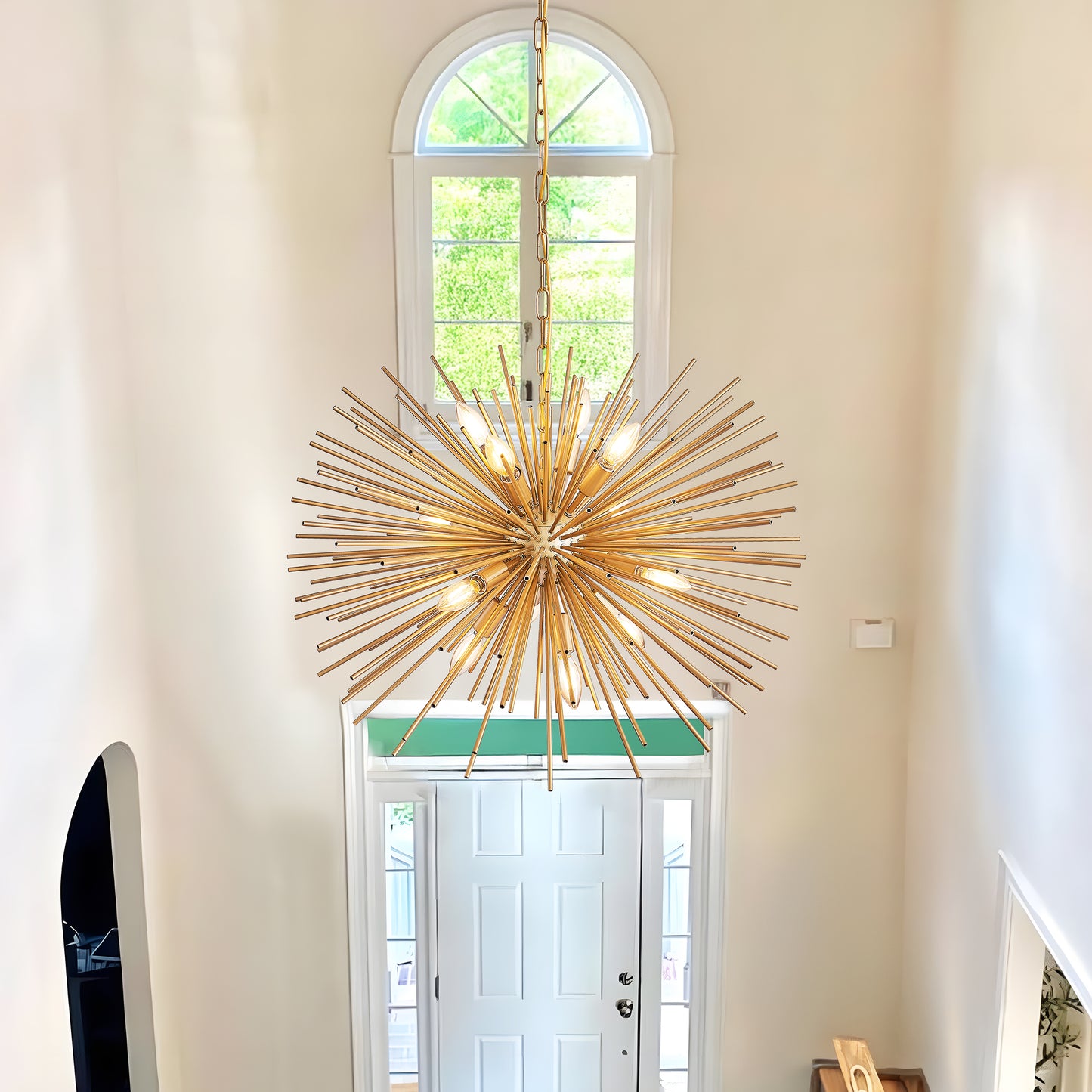 29 Mid-Century Modern 12-Light Starburst Chandelier Gold Sputnik Pendant Light Fixture For Living Room, Dining Room, Or Foyer Bulb Not Included