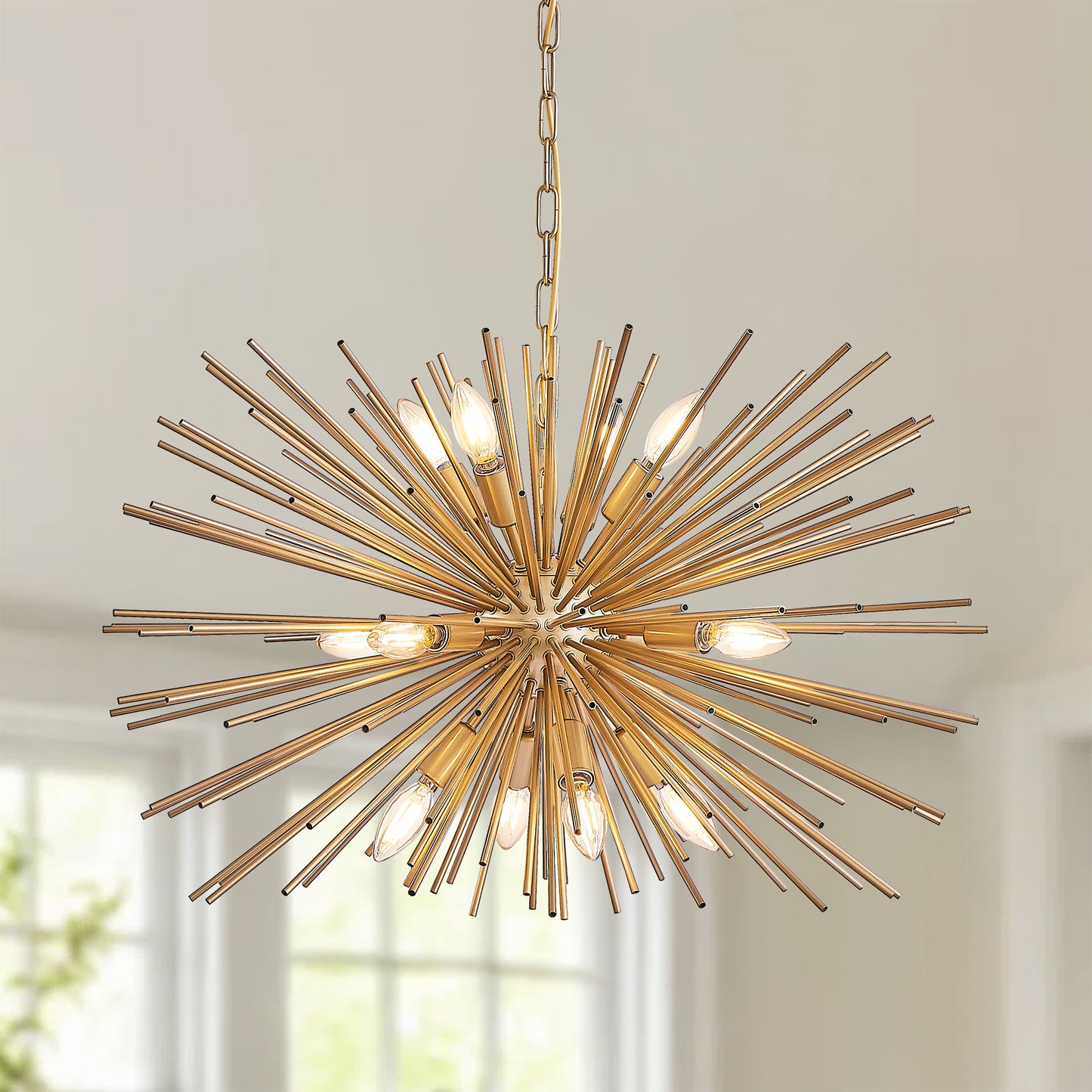 29 Mid-Century Modern 12-Light Starburst Chandelier Gold Sputnik Pendant Light Fixture For Living Room, Dining Room, Or Foyer Bulb Not Included
