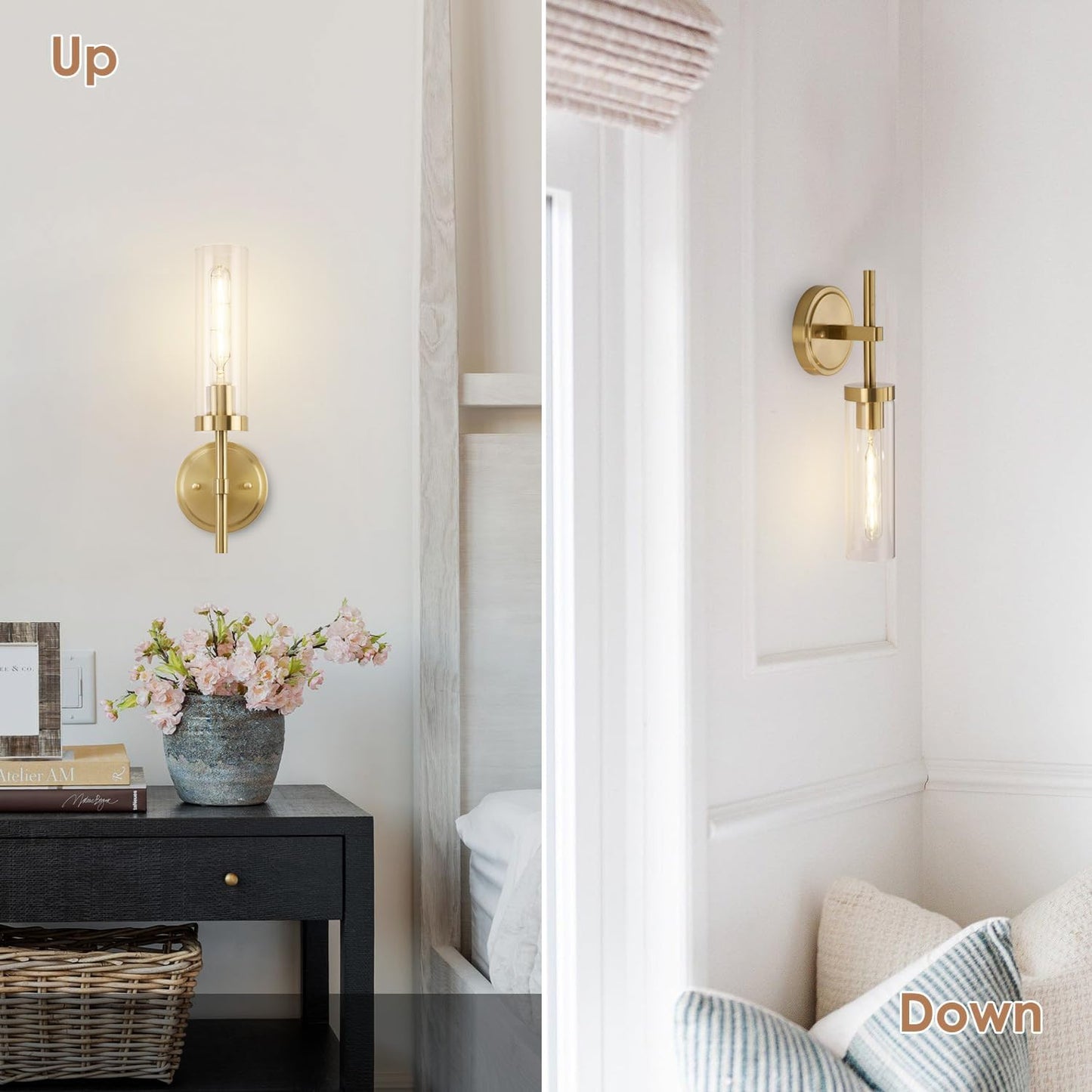 Pair of gold wall sconces installed on bathroom vanity mirror