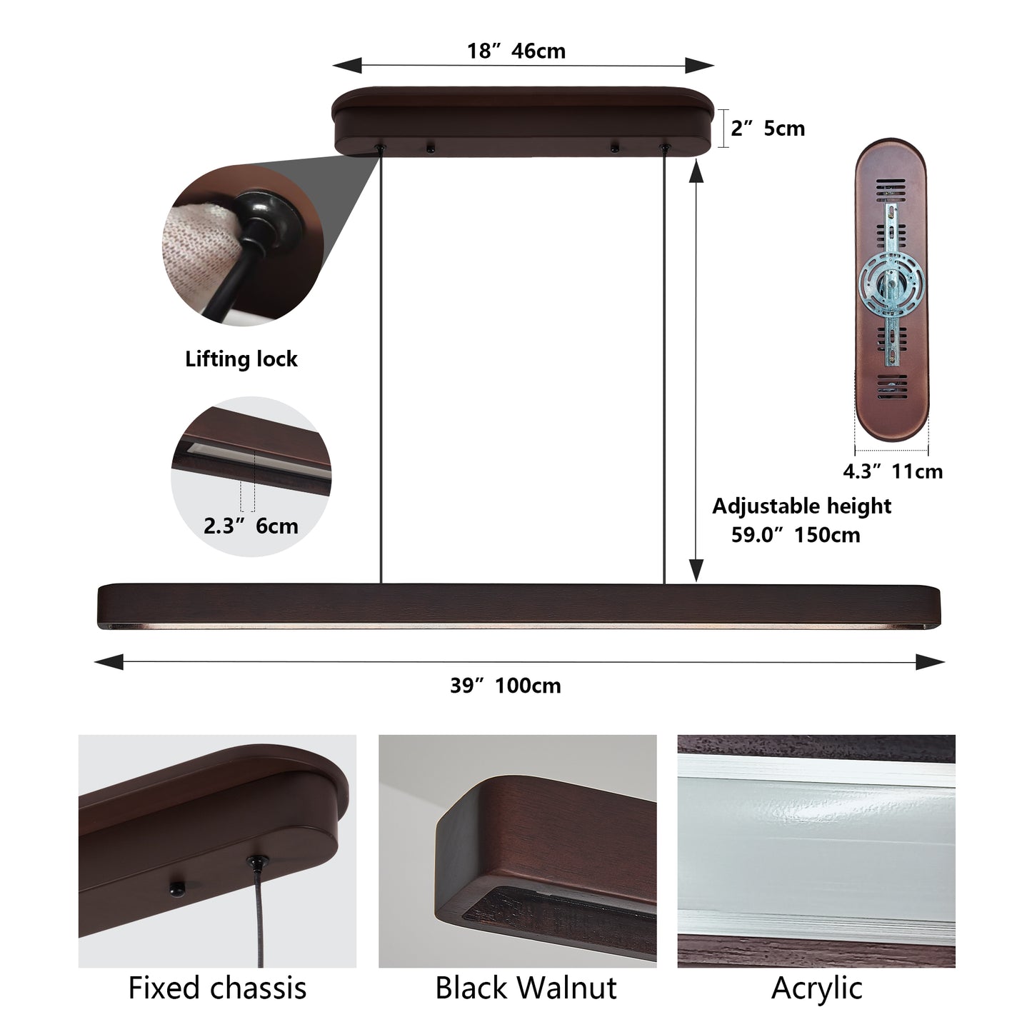 39-inch Walnut Wood Modern LED Pendant Light, Adjustable Hanging Light For Dining Room, Kitchen, Living Room  Sleek Walnut Color Finish