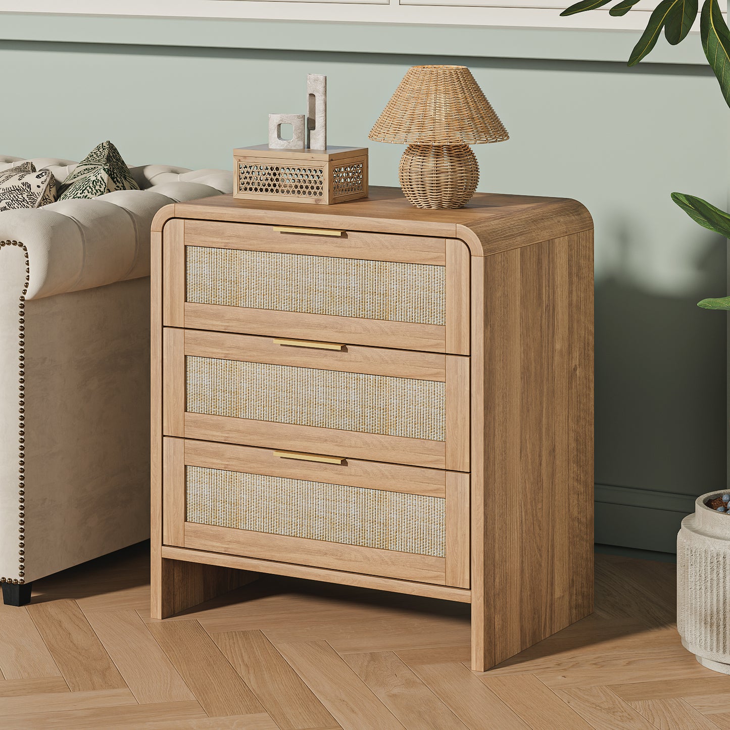 Rattan Nightstand With 3 Drawers, 22.8  Wide Curved Wooden Bedside Table, Modern Storage For Bedroom, Caramel Oak.