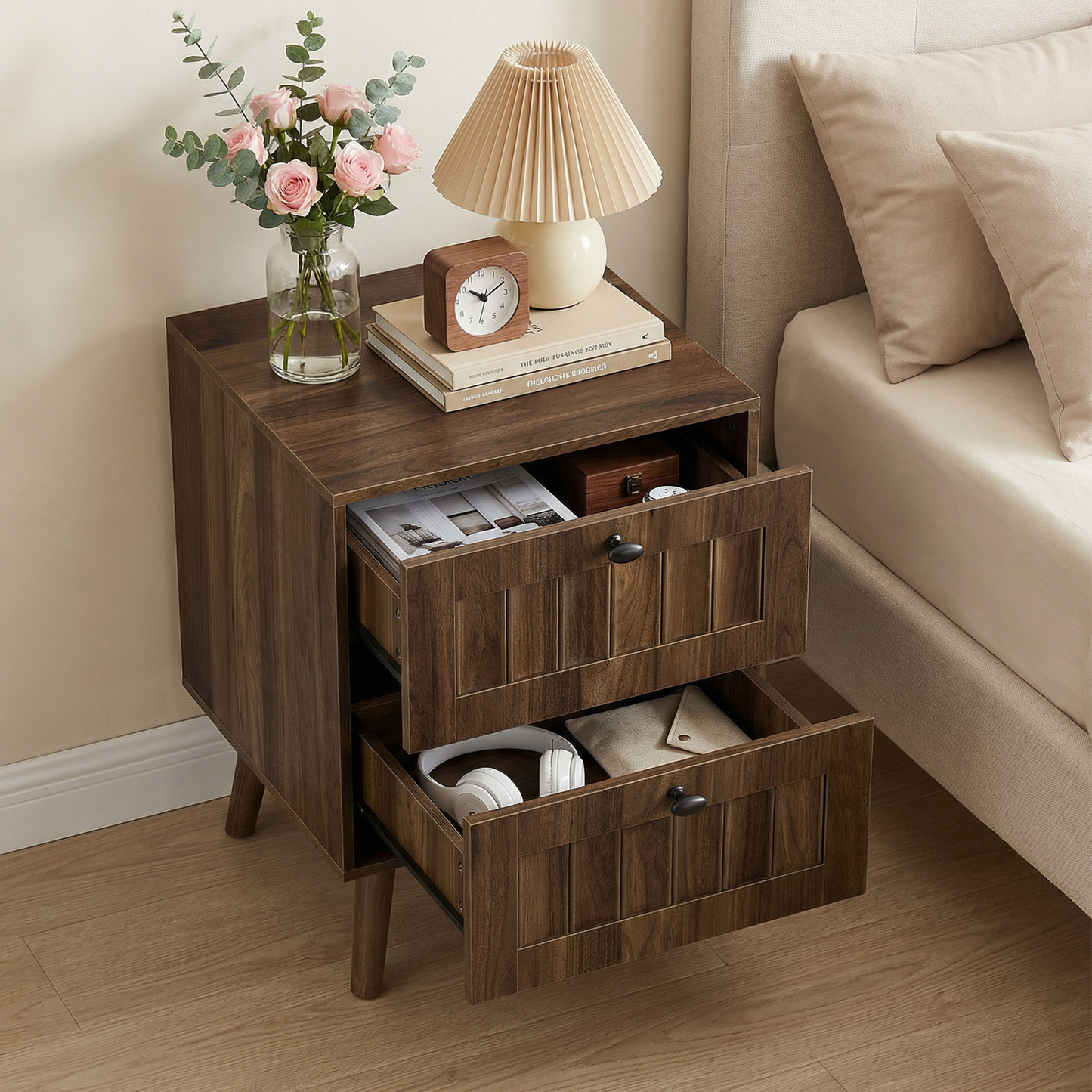 Medieval-style Modern Double-drawer Bedside Table With Solid Wood Legs, Bedroom Bedside Table, Bedroom Side Table, 15.75 X 15.75 X 22.64 Inches, Walnut Color, 2-pack