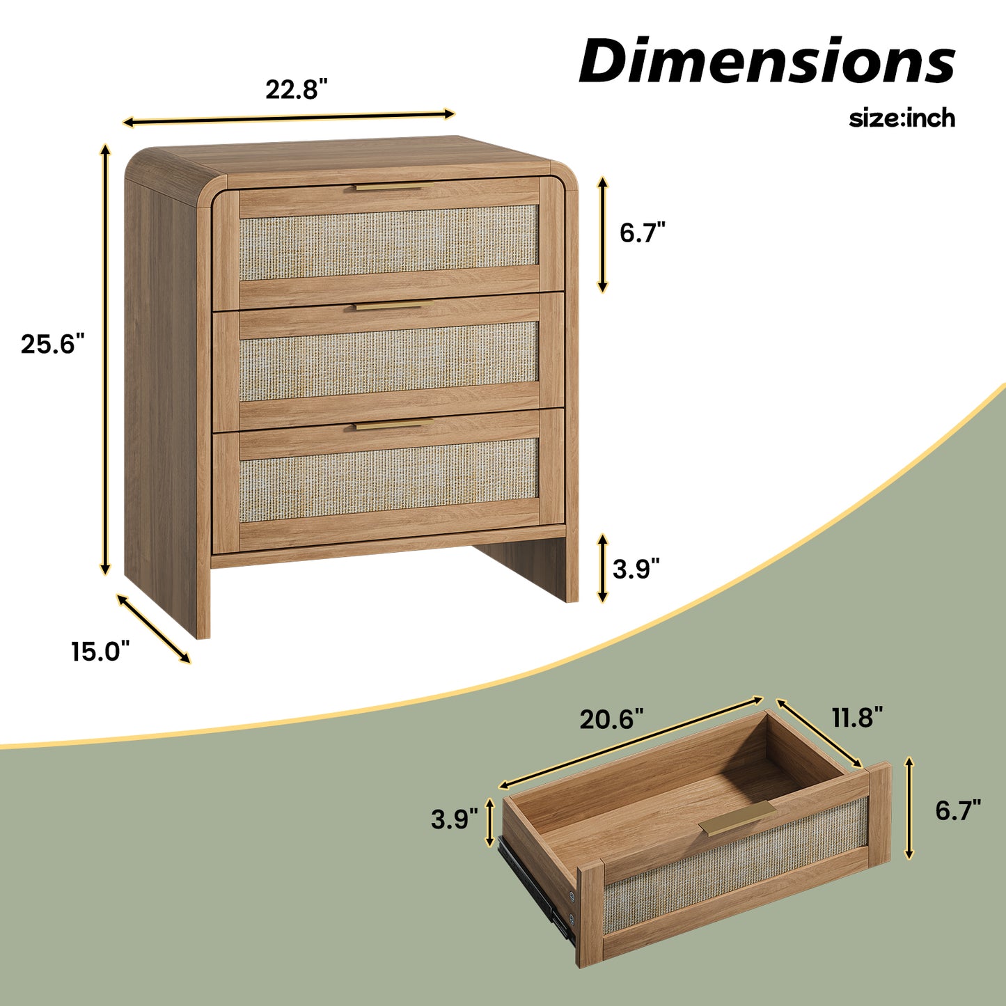 Rattan Nightstand With 3 Drawers, 22.8  Wide Curved Wooden Bedside Table, Modern Storage For Bedroom, Caramel Oak.