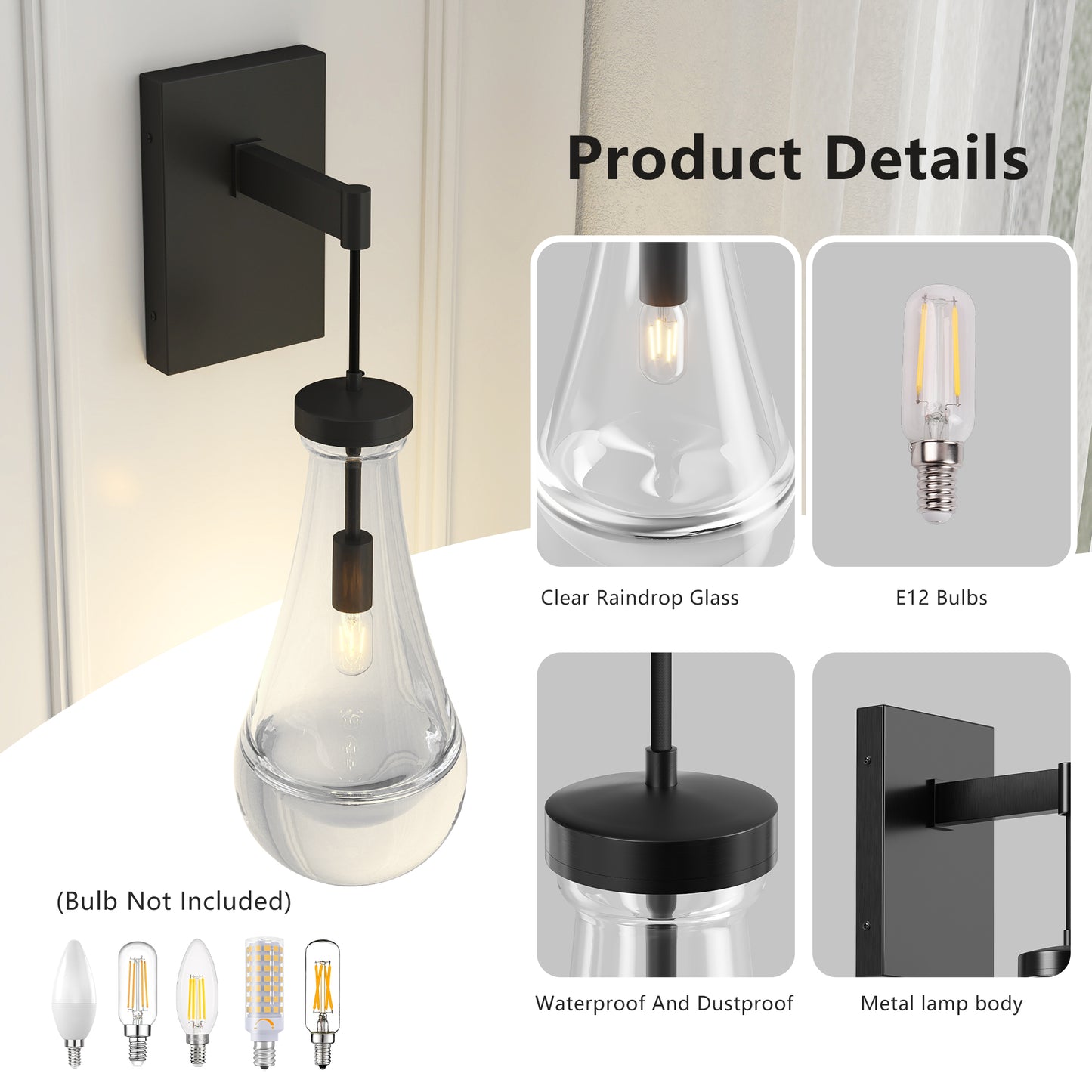 Wall Sconces Set Of Two, Black Dimmable Raindrop Wall Lighting, Modern Bathroom Sconces Wall Lamps Vanity Lighting For Living Room, Wall Lights For Bedroom, Hallway