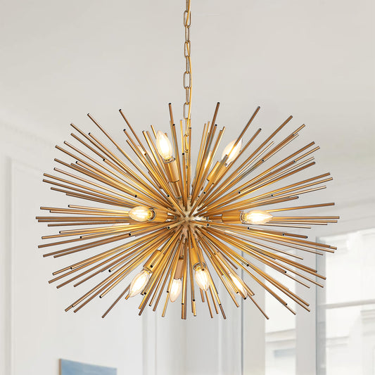 29 Mid-Century Modern 12-Light Starburst Chandelier Gold Sputnik Pendant Light Fixture For Living Room, Dining Room, Or Foyer Bulb Not Included