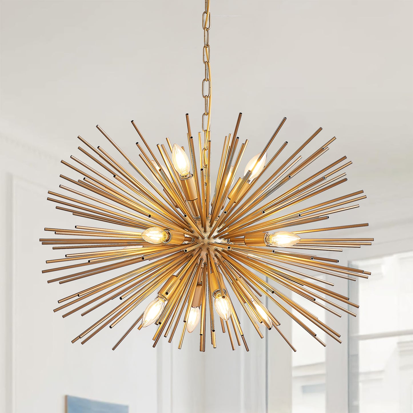 29 Mid-Century Modern 12-Light Starburst Chandelier Gold Sputnik Pendant Light Fixture For Living Room, Dining Room, Or Foyer Bulb Not Included