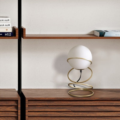 13.5 H Glass Globe Matte Gold Spiral 4 Ring Metal Stand Table Lamp For Living Room, Nightstand Bedside Table Lamp For Bedroom, LED Lamp