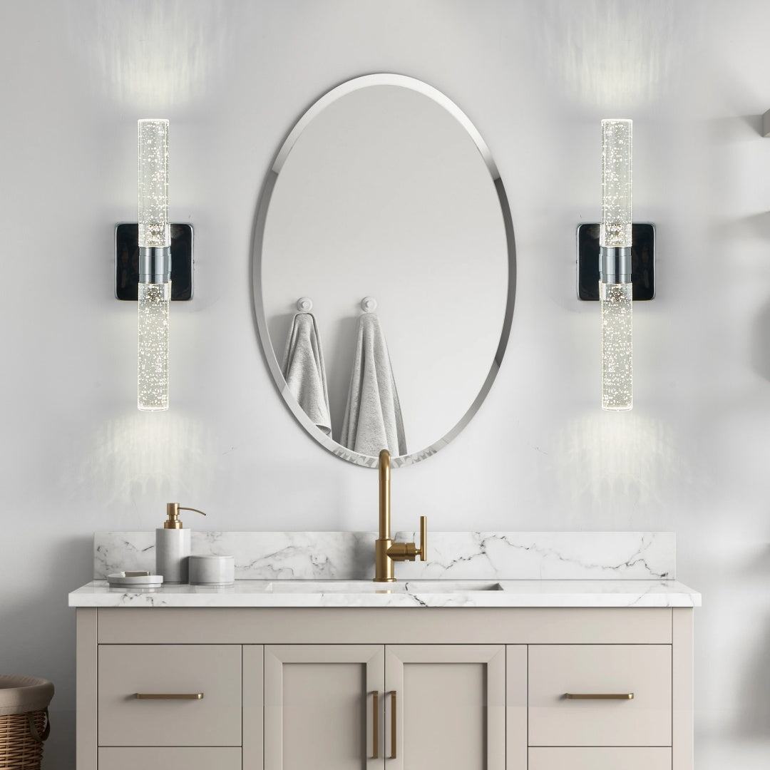 17in  H Contemporary Crystal Wall Light, Chrome Finish With Bubble Crystal, 2-Light Sconce For Bathroom, Bedroom, Hallway - Modern Indoor Lighting Fixture