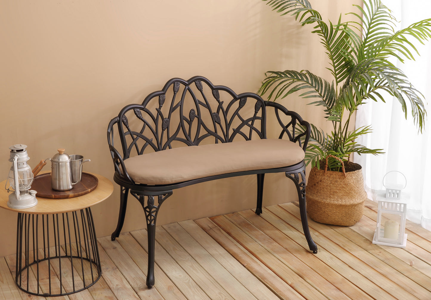 Tulip Patio Garden Bench Metal Park Bench Cast Aluminum Outdoor Furniture With Floral Rose For Patio Park,Lawn,YardBlack Withe Cushion