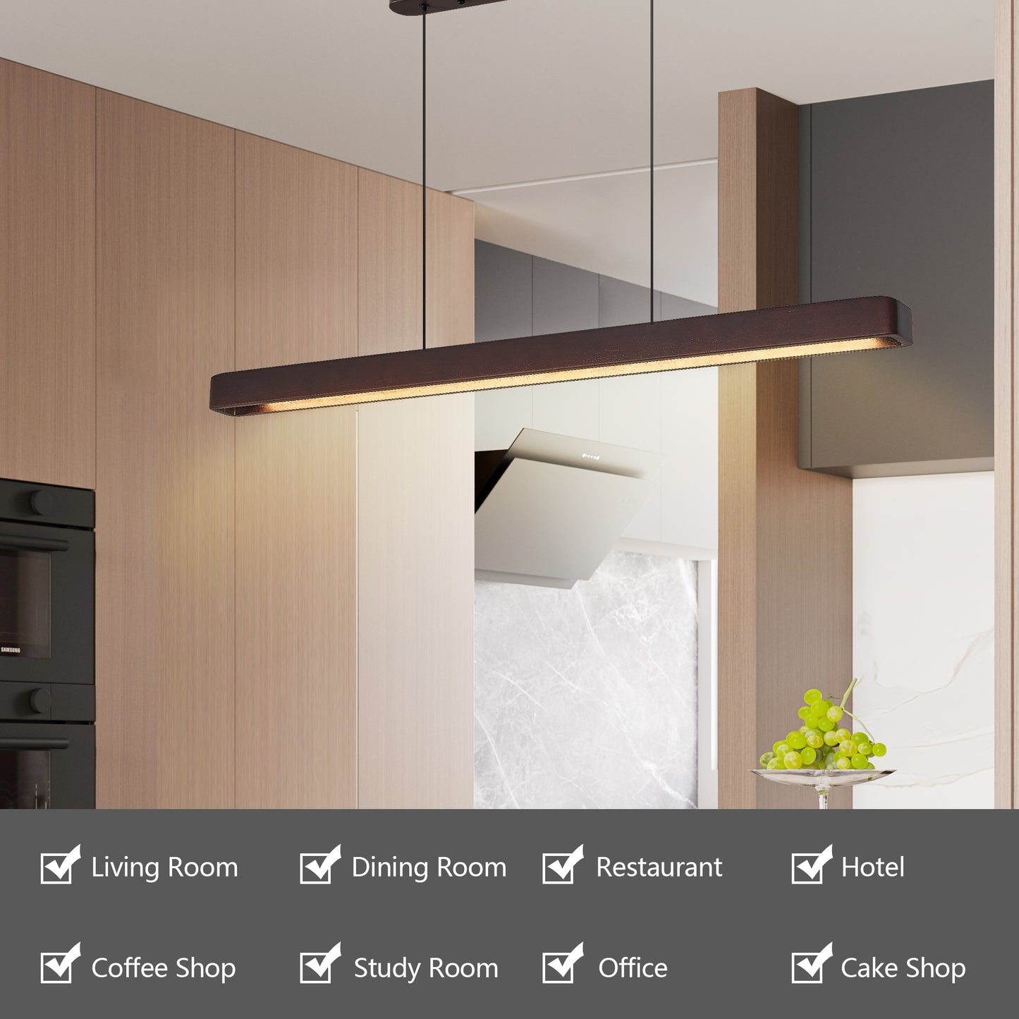 39-inch Walnut Wood Modern LED Pendant Light, Adjustable Hanging Light For Dining Room, Kitchen, Living Room  Sleek Walnut Color Finish