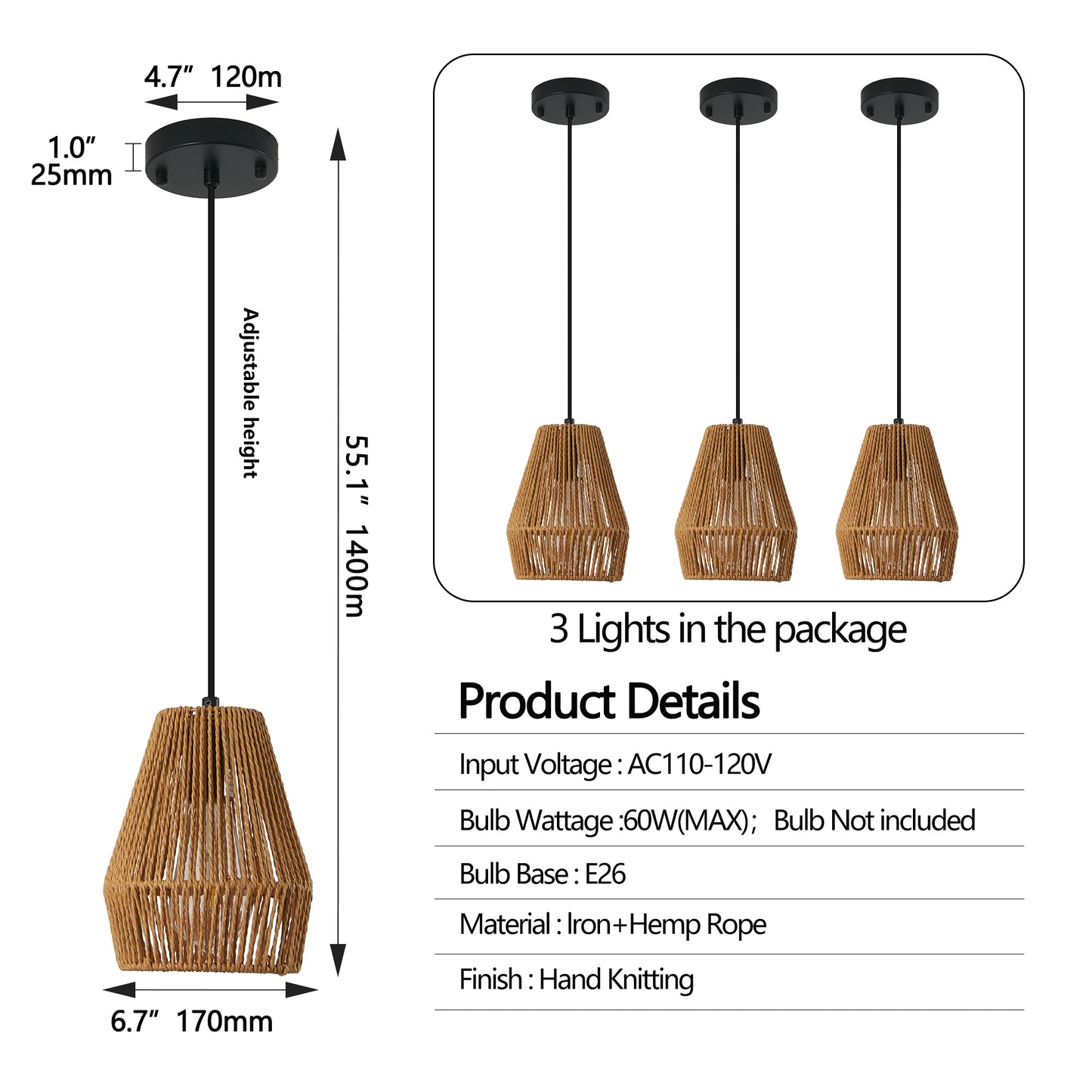 7inch Set Of 3 Rustic Hemp Rope Pendant Light, Handcrafted Farmhouse Hanging Light Fixture, Adjustable Height Ceiling Lamp For Kitchen Island, Dining Room,Or Living Room, Natural Woven Design No Bulbs