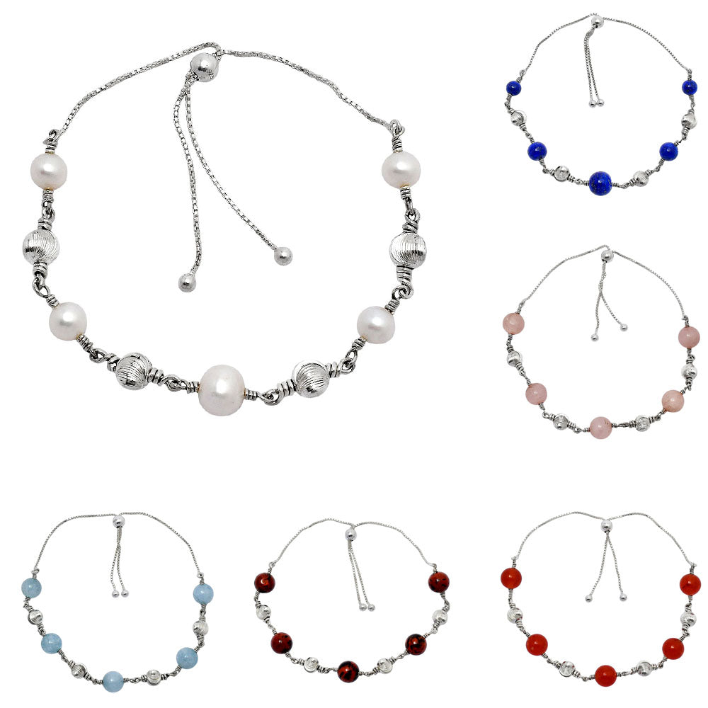 Natural Gemstone 925 Sterling Silver Slider Bracelet - Adjustable