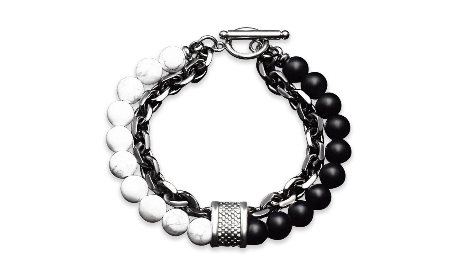 Men's Chain and Bead Bracelet - Natural Stone Stainless Steel 8 inch