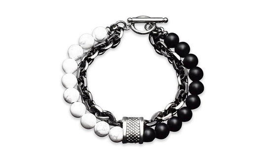 Men's Chain and Bead Bracelet - Natural Stone Stainless Steel 8 inch
