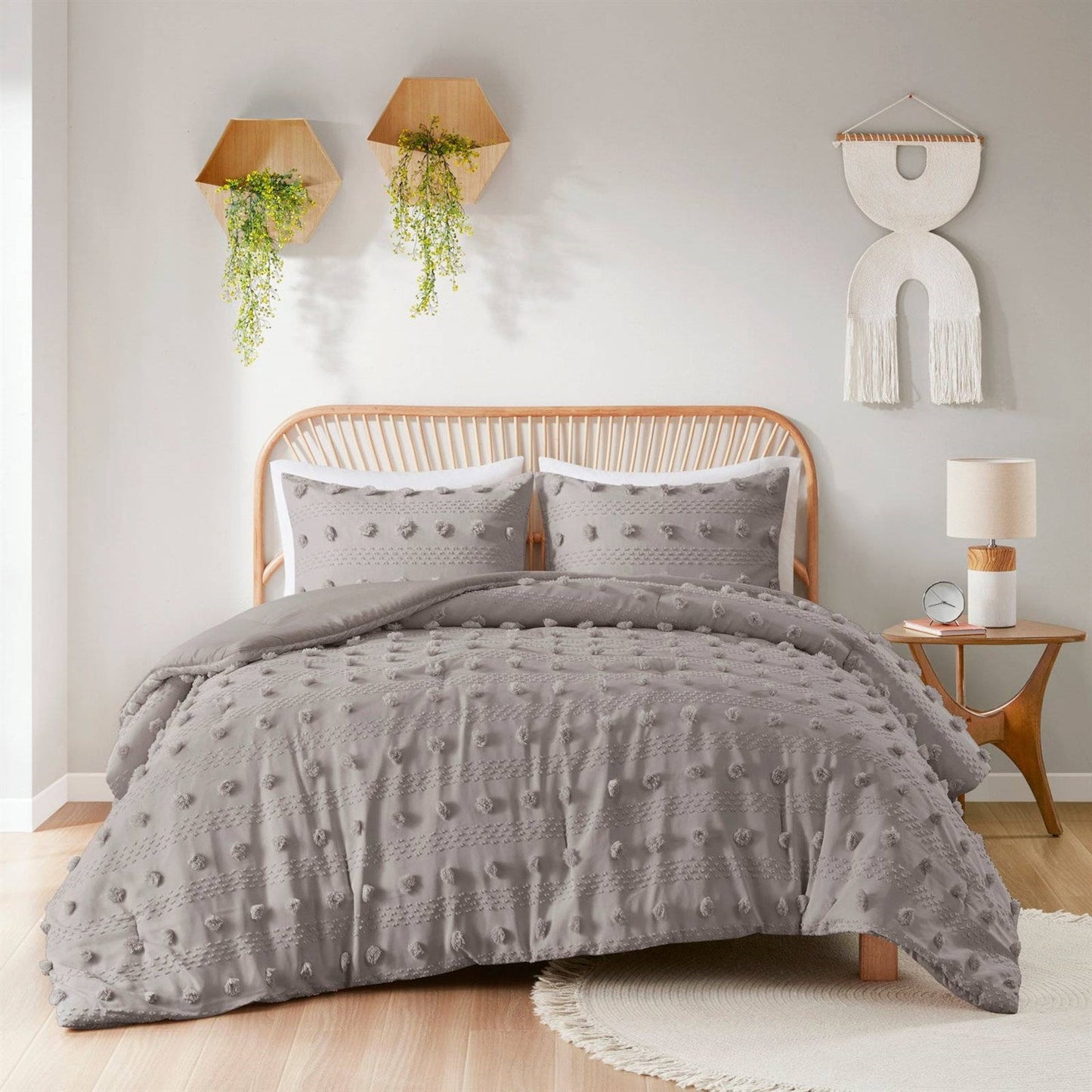 Grey microfiber comforter set king size with decorative pompoms 3 piece