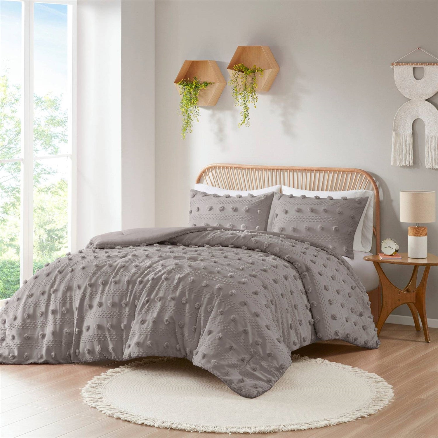 King grey comforter set with pompoms for bedroom