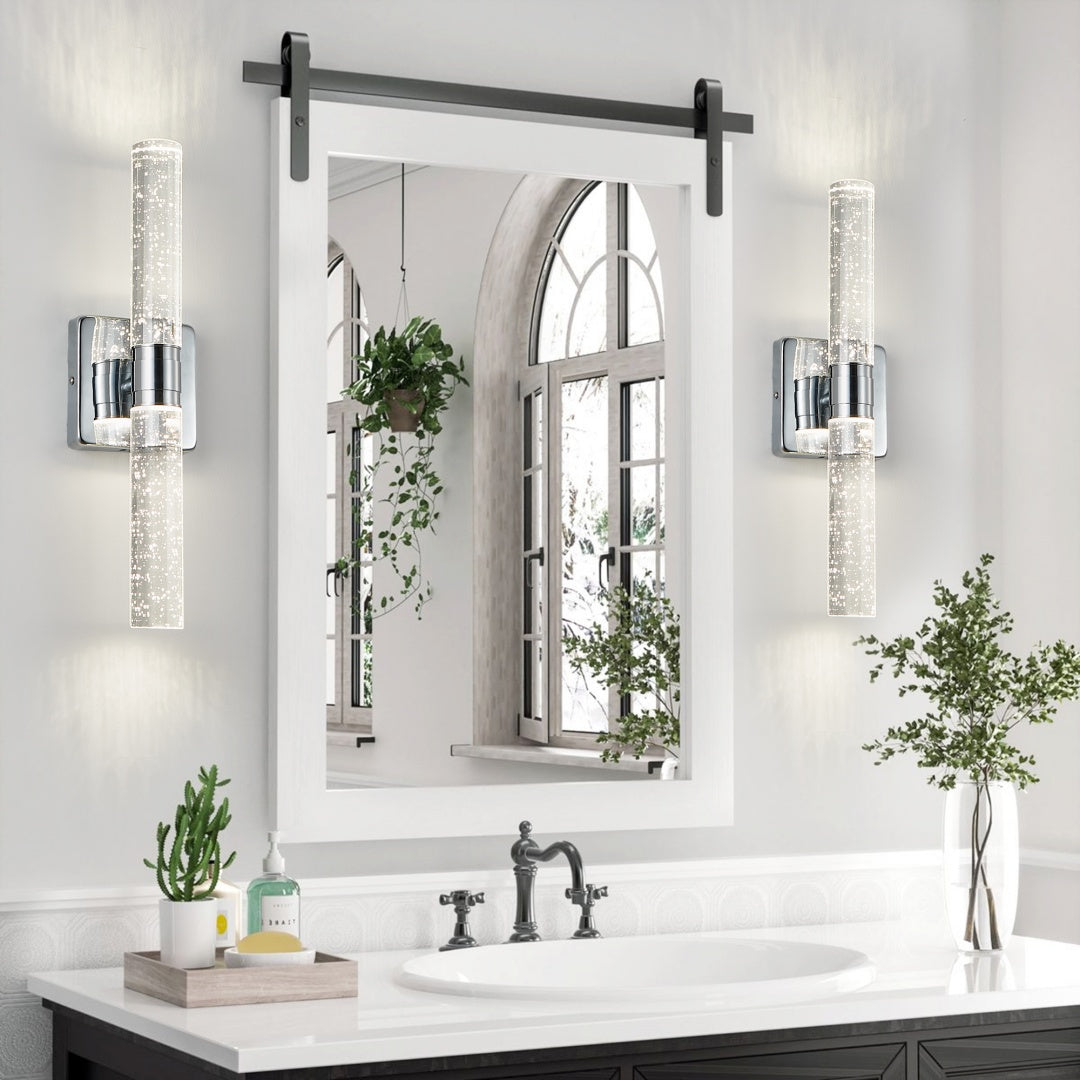 17in  H Contemporary Crystal Wall Light, Chrome Finish With Bubble Crystal, 2-Light Sconce For Bathroom, Bedroom, Hallway - Modern Indoor Lighting Fixture