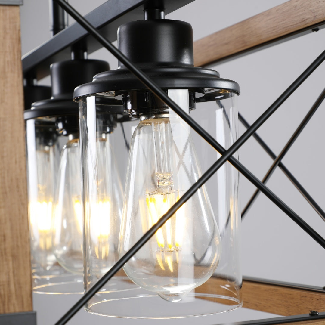32in Walnut Industrial Farmhouse Rectangle Pendant Light, 5-Light Chandelier With Lampshades For Dining Room, Kitchen Island, Cafe Decor  No Bulbs