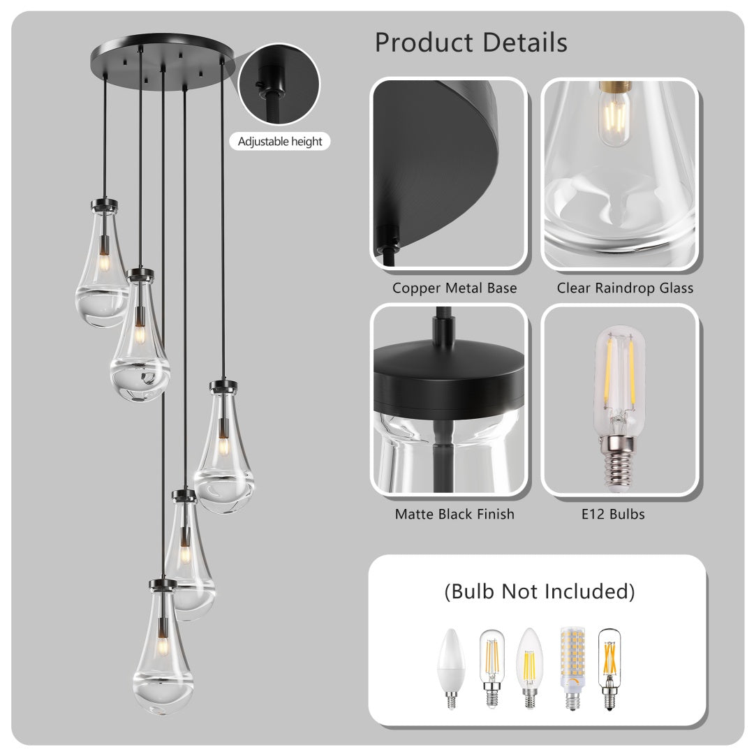 5 Light Cluster Pendant Lights, Black High Ceiling Chandeliers Adjustable, Living Room Pendant Light, Foyer Chandeliers, Stairwell Pendant Lighting, Bedroom Chandelier,E12 Not Including Bulb