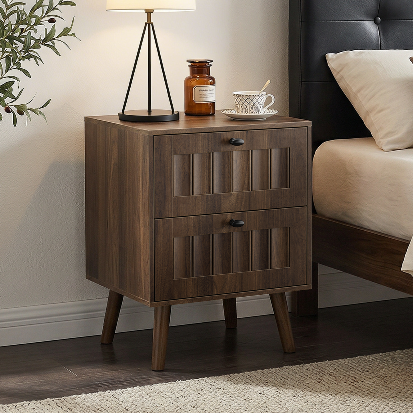 Medieval-style Modern Double-drawer Bedside Table With Solid Wood Legs, Bedroom Bedside Table, Bedroom Side Table, 15.75 X 15.75 X 22.64 Inches, Walnut Color, 2-pack