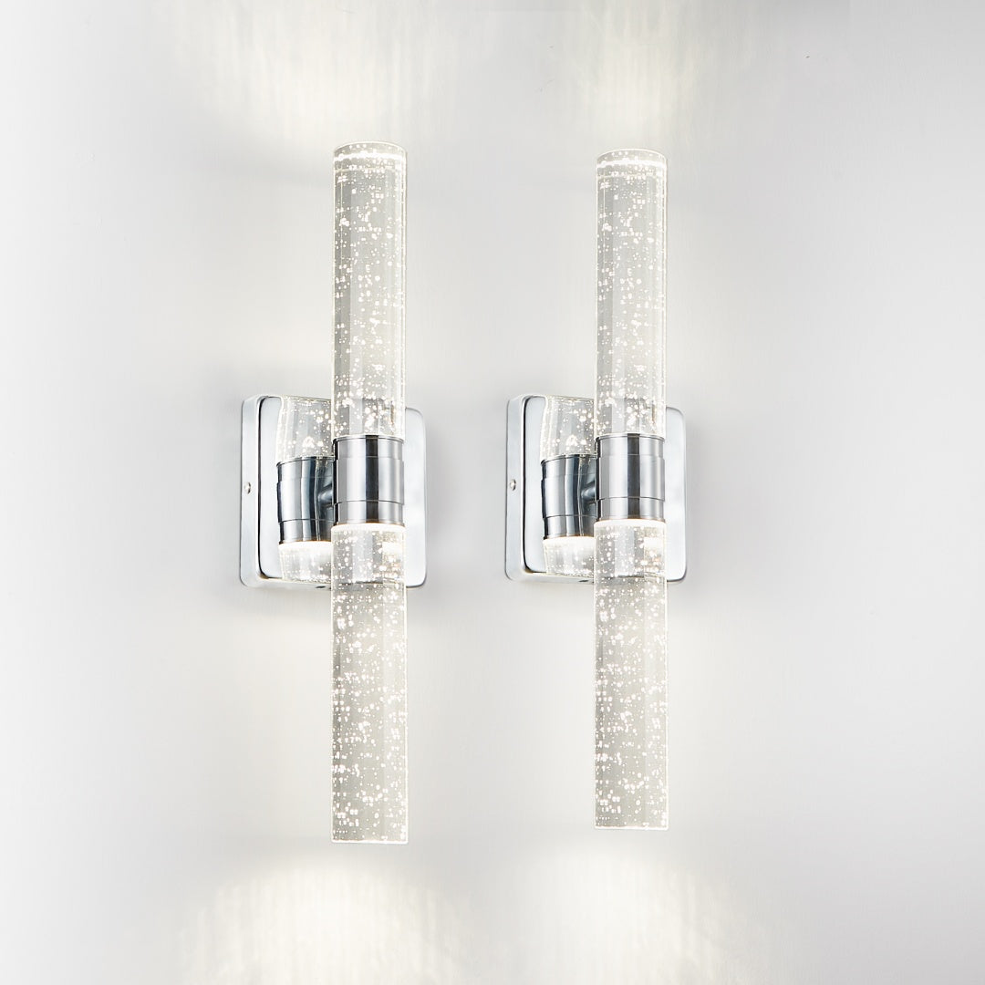 17in  H Contemporary Crystal Wall Light, Chrome Finish With Bubble Crystal, 2-Light Sconce For Bathroom, Bedroom, Hallway - Modern Indoor Lighting Fixture