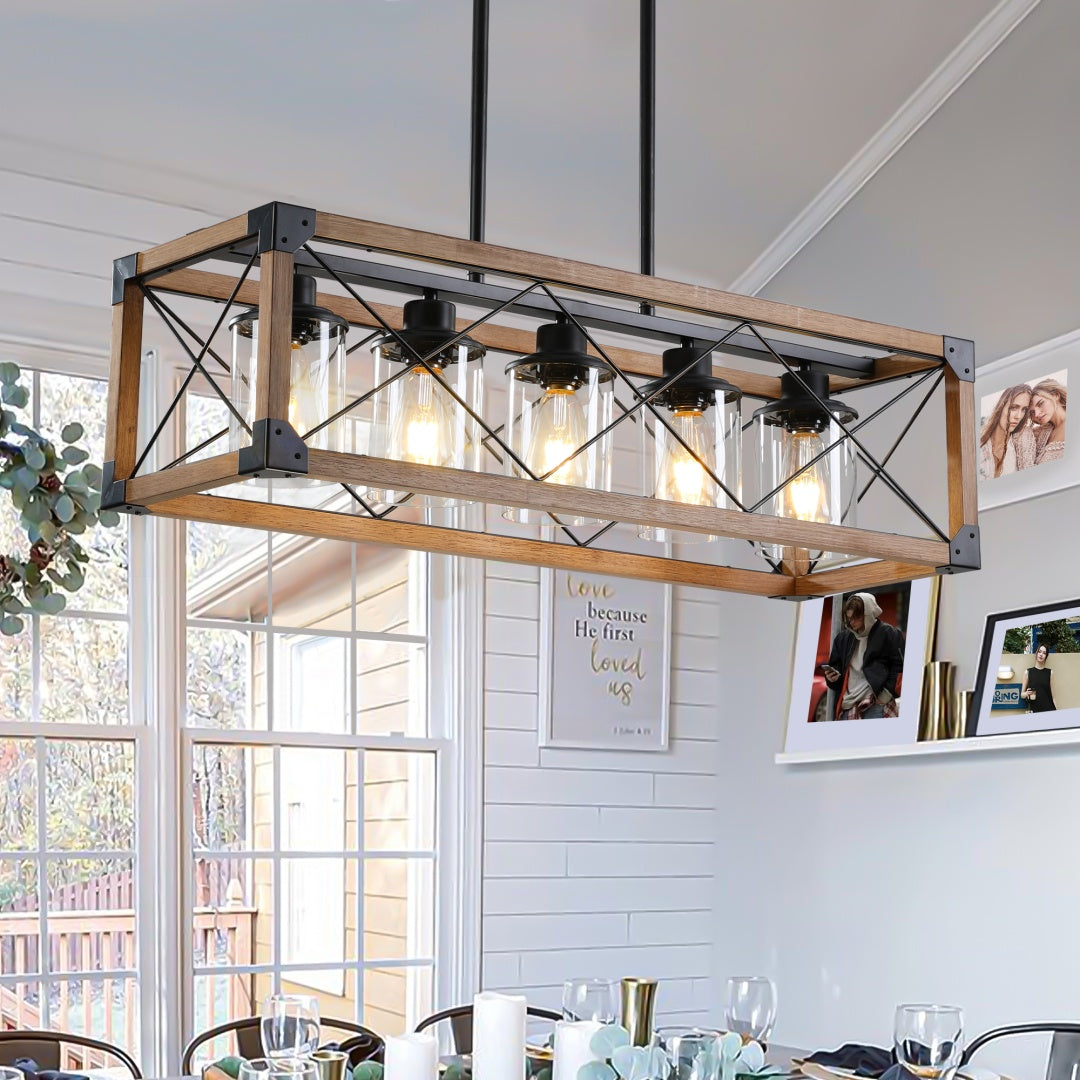 32in Walnut Industrial Farmhouse Rectangle Pendant Light, 5-Light Chandelier With Lampshades For Dining Room, Kitchen Island, Cafe Decor  No Bulbs