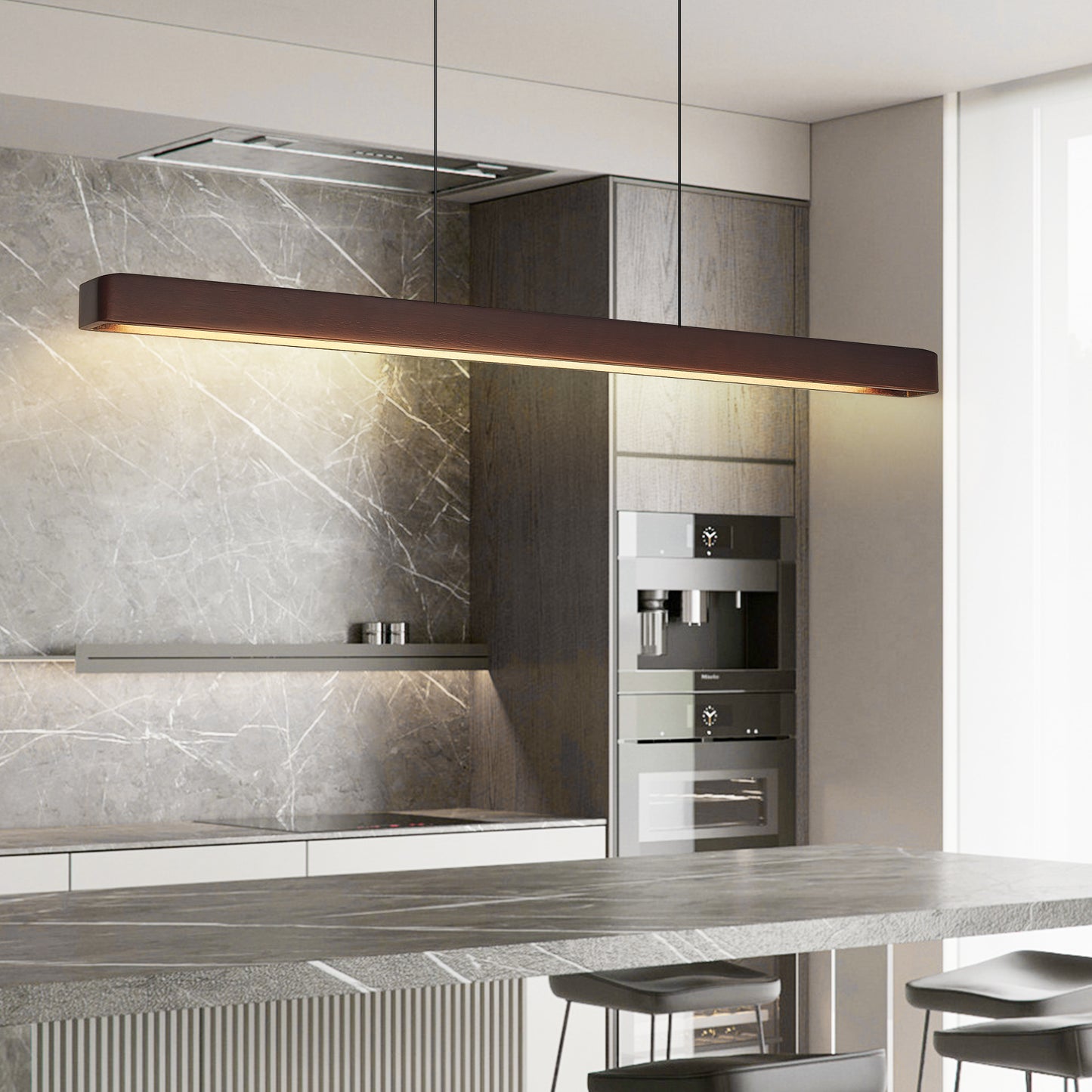 39-inch Walnut Wood Modern LED Pendant Light, Adjustable Hanging Light For Dining Room, Kitchen, Living Room  Sleek Walnut Color Finish