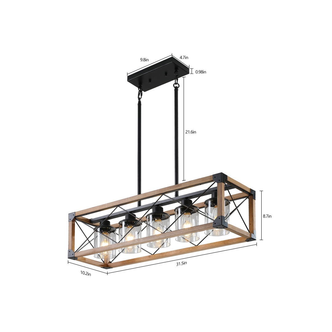 32in Walnut Industrial Farmhouse Rectangle Pendant Light, 5-Light Chandelier With Lampshades For Dining Room, Kitchen Island, Cafe Decor  No Bulbs