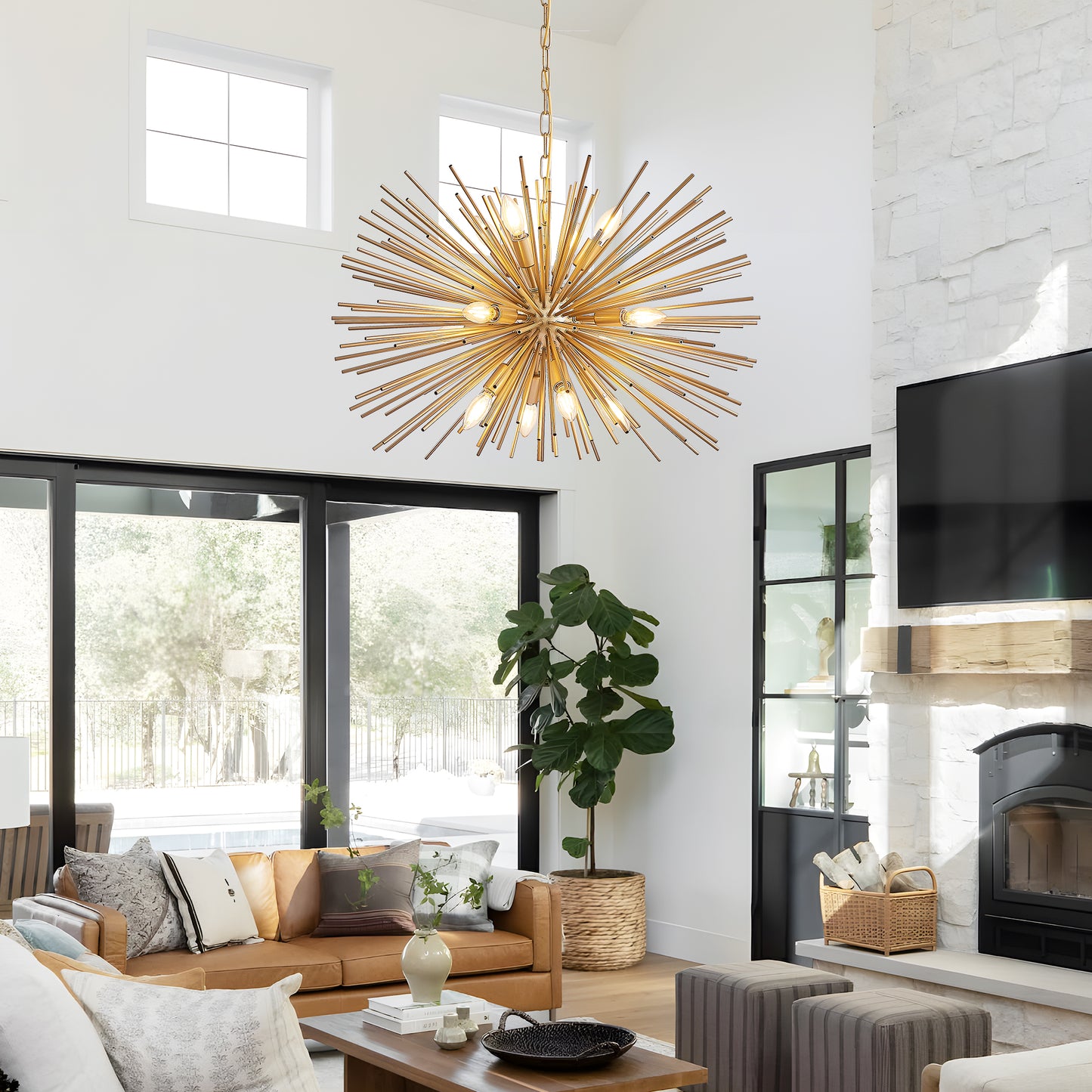 29 Mid-Century Modern 12-Light Starburst Chandelier Gold Sputnik Pendant Light Fixture For Living Room, Dining Room, Or Foyer Bulb Not Included