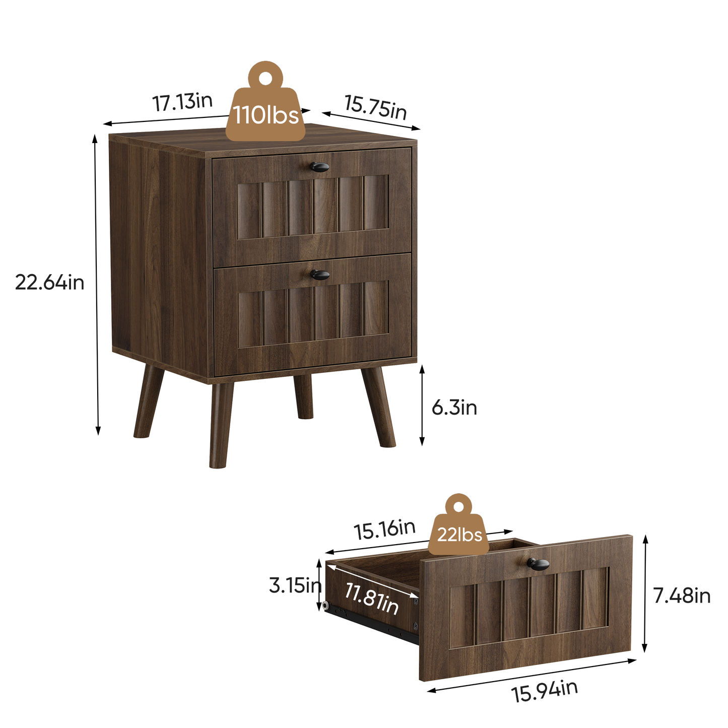 Medieval-style Modern Double-drawer Bedside Table With Solid Wood Legs, Bedroom Bedside Table, Bedroom Side Table, 15.75 X 15.75 X 22.64 Inches, Walnut Color, 2-pack